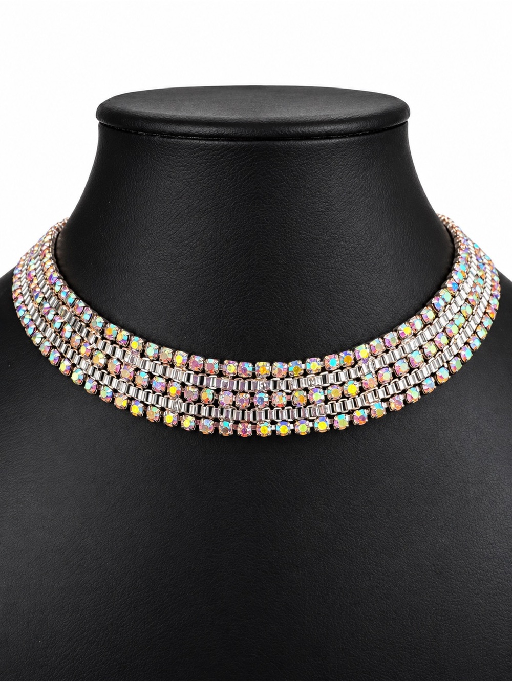 Vintage Aurora Borealis Rhinestone Multi Row Choker Collar Necklace Silver Tone